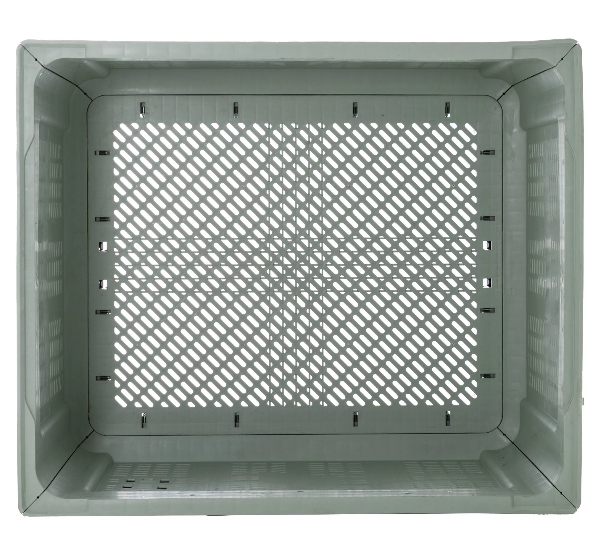 Ventilated plastic orchard produce bin for harvesting apples, pears and citrus